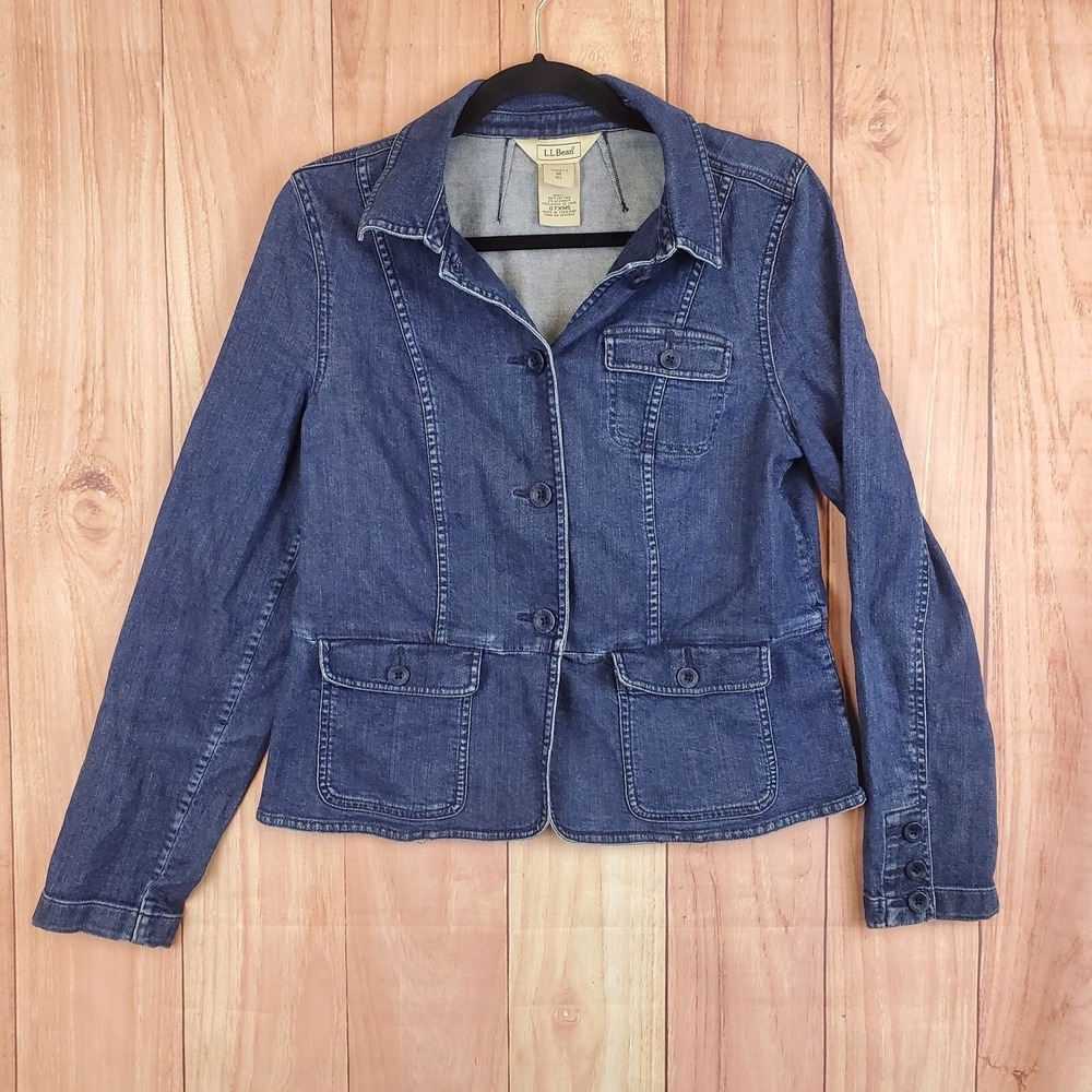 LL Bean Jean Jacket Womens Sz M Blue Stretch Denim Button Casual Blazer